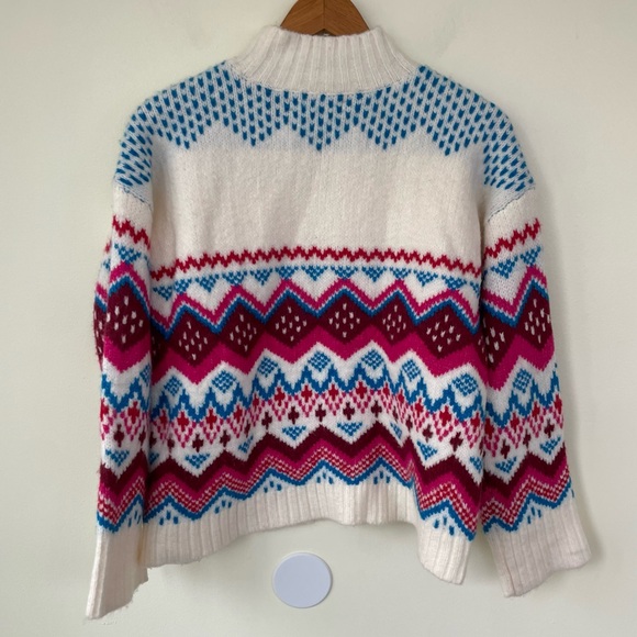 LOFT Whisper White Fair Isle Wide Sleeve Mock Neck Sweater M Medium Pink Blue - Picture 5 of 8